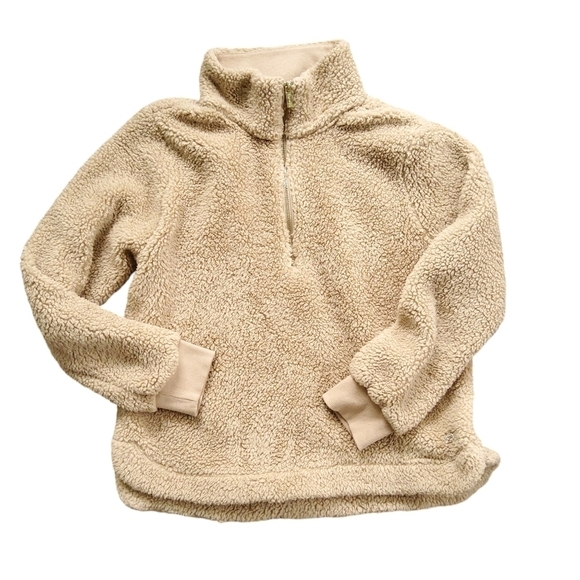 Calvin Klein Cozy Tan Teddy Quarter Zip Jacket - Picture 2 of 9